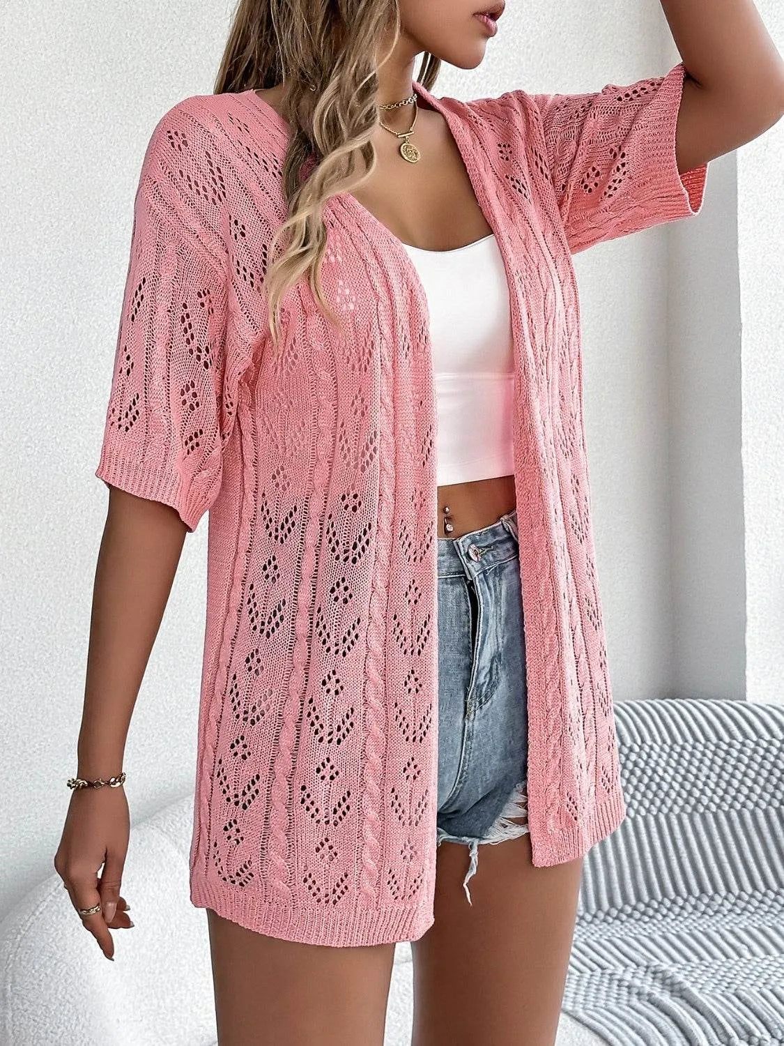 Openwork Open Front Half Sleeve Cardigan - Bona Fide Fashion
