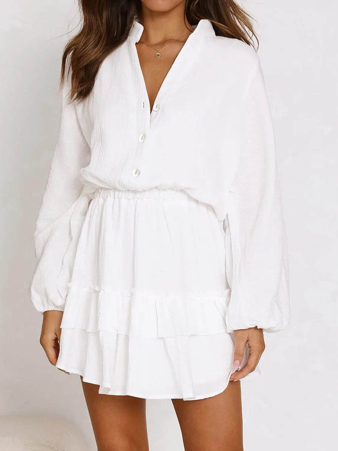 Ruffled Notched Balloon Sleeve Mini Dress - Bona Fide Fashion