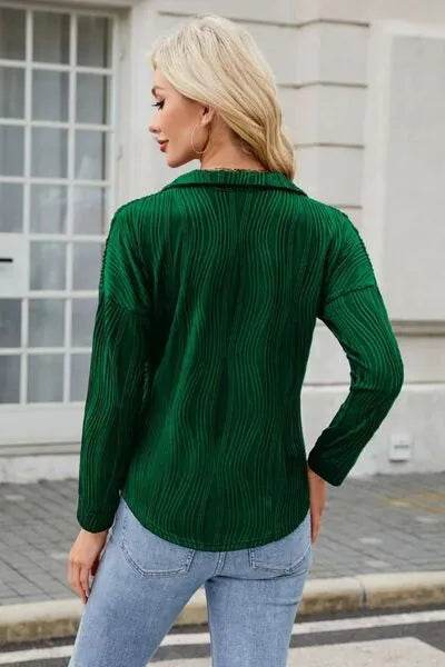 Texture Collared Neck Long Sleeve Blouse - Bona Fide Fashion