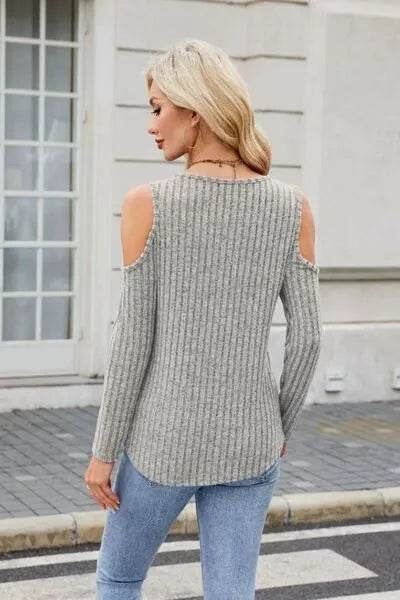 Ribbed Cold Shoulder Long Sleeve Top - Bona Fide Fashion