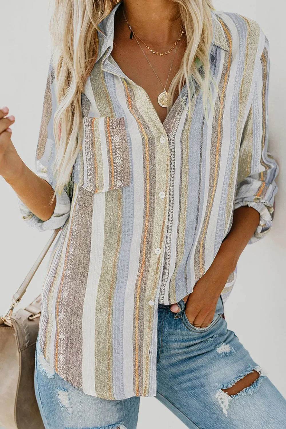 Striped Collared Neck Long Sleeve Shirt - Bona Fide Fashion