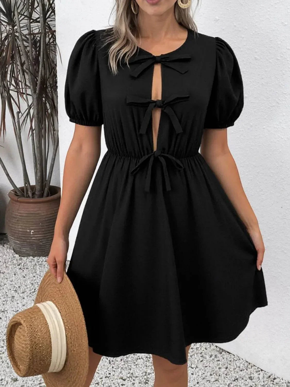 Tie Front Puff Sleeve Mini Dress - Bona Fide Fashion