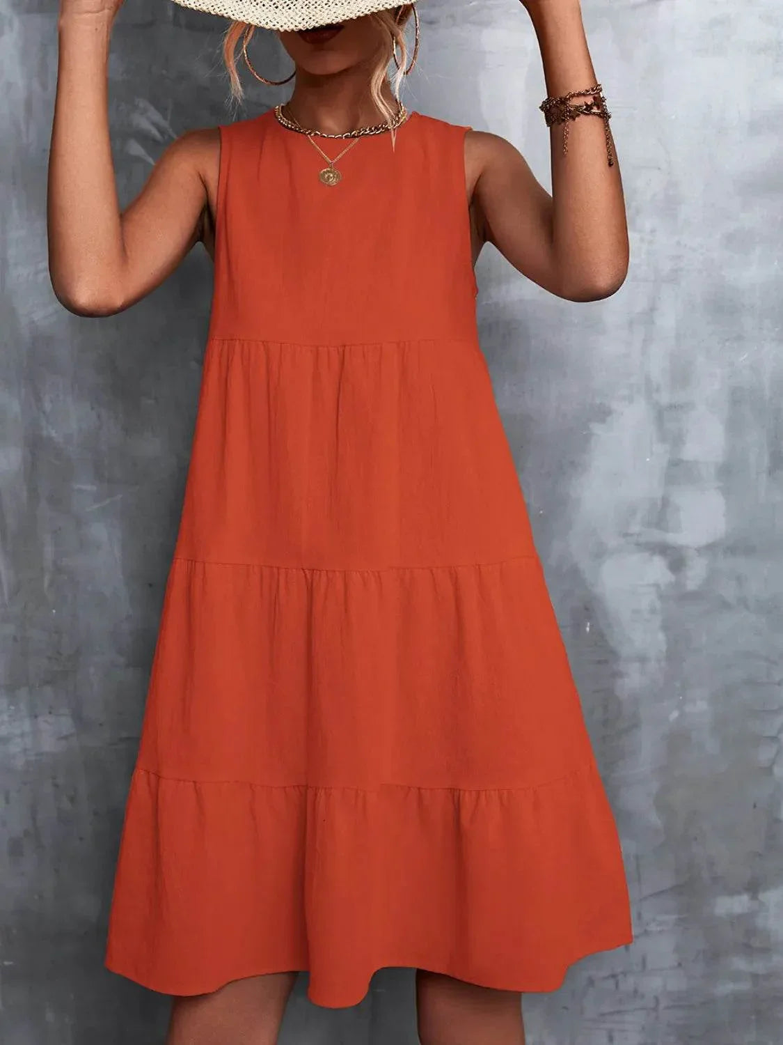 Tiered Round Neck Sleeveless Mini Tank Dress - Bona Fide Fashion