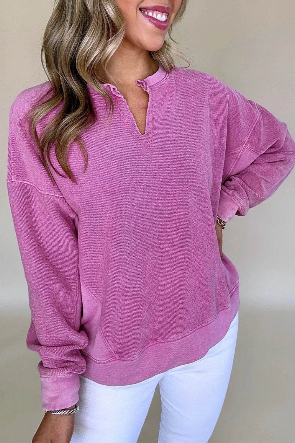 Notched Drop Shoulder Long Sleeve Sweatshirt - Bona Fide Fashion