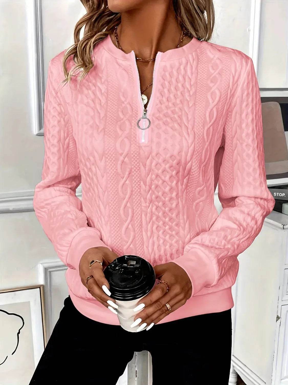 Texture Half Zip Long Sleeve Sweatshirt - Bona Fide Fashion