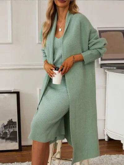 V-Neck Cami Dress and Open Front Cardigan Sweater Set - Bona Fide Fashion