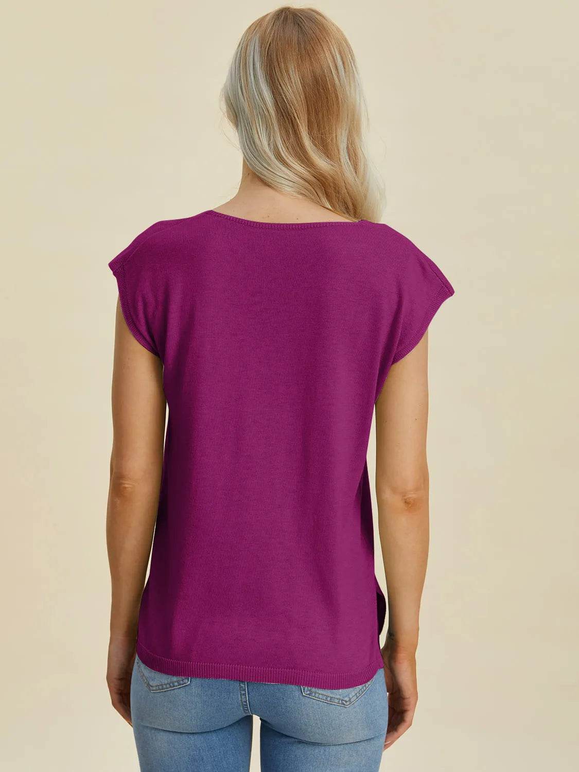 Double Take Full Size Notched Cap Sleeve Knit Top - Bona Fide Fashion