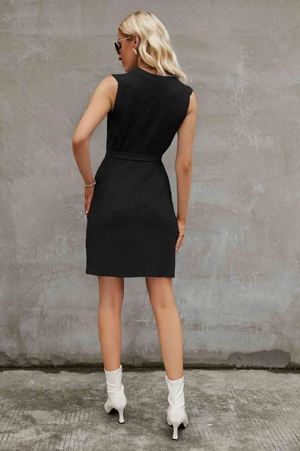 Round Neck Slit Sleeveless Sweater Dress - Bona Fide Fashion