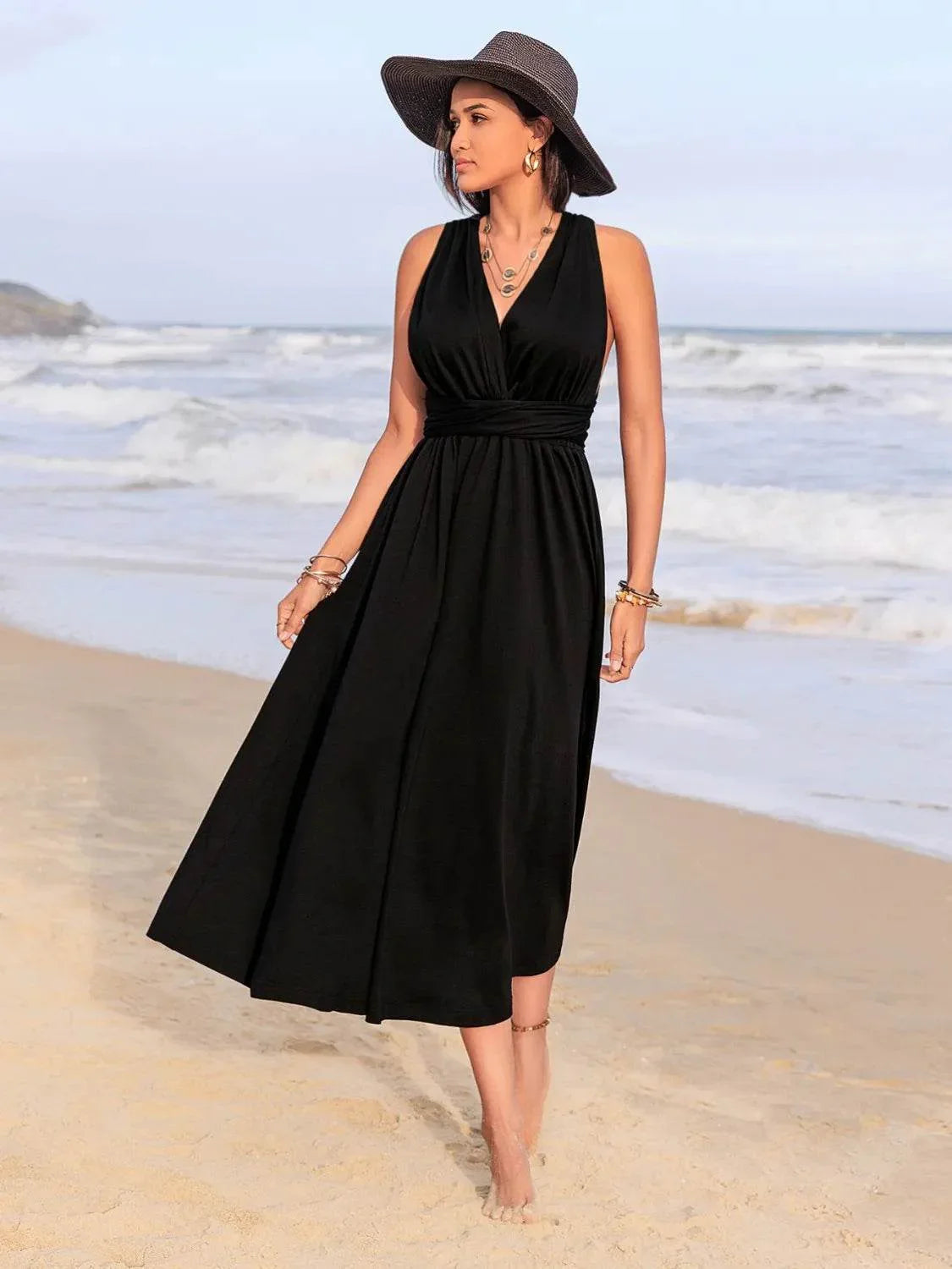 Surplice Sleeveless Ruched Midi Dress - Bona Fide Fashion