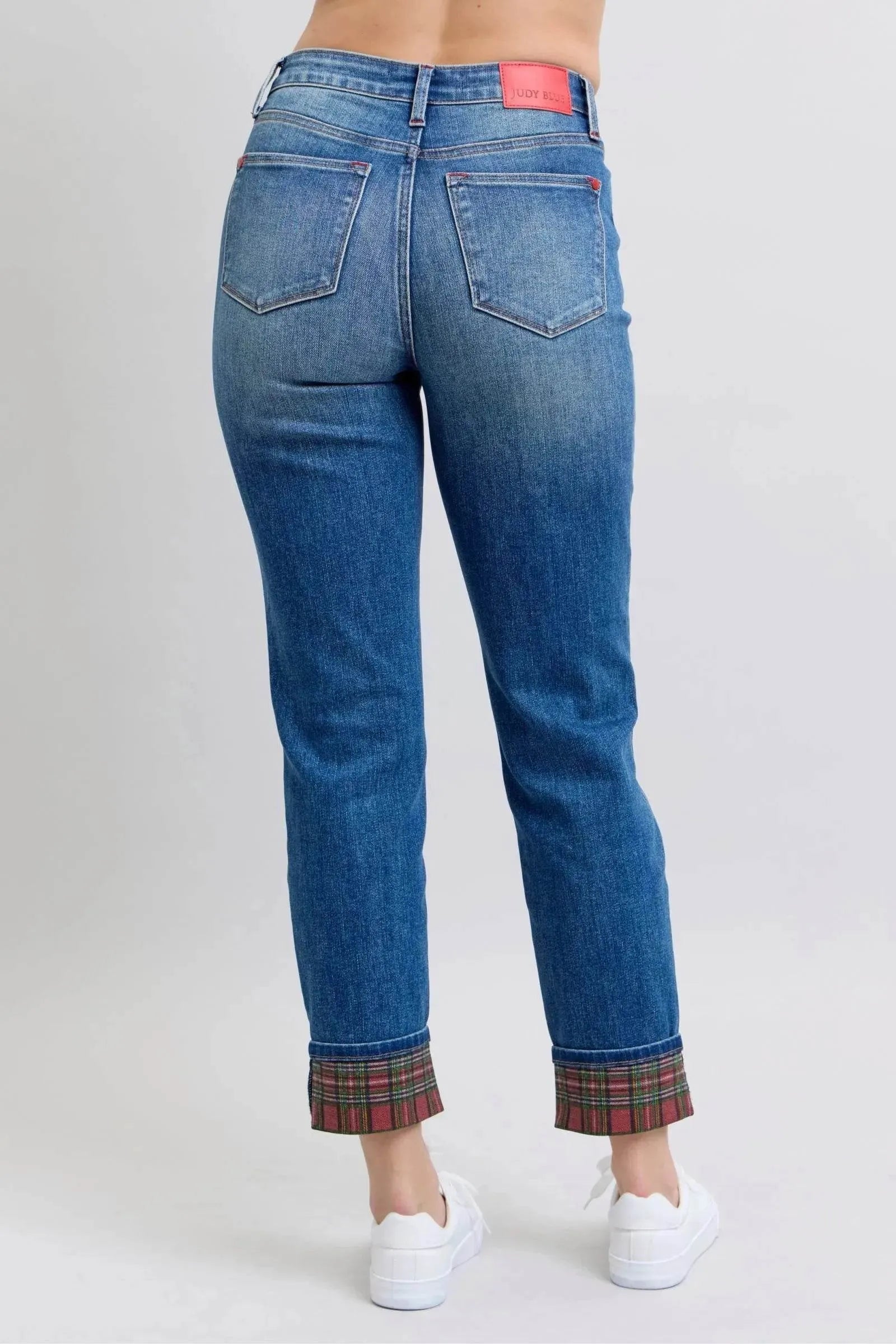 Judy Blue Full Size Plaid Print Cuff Straight Leg Jeans with Pockets - Bona Fide Fashion
