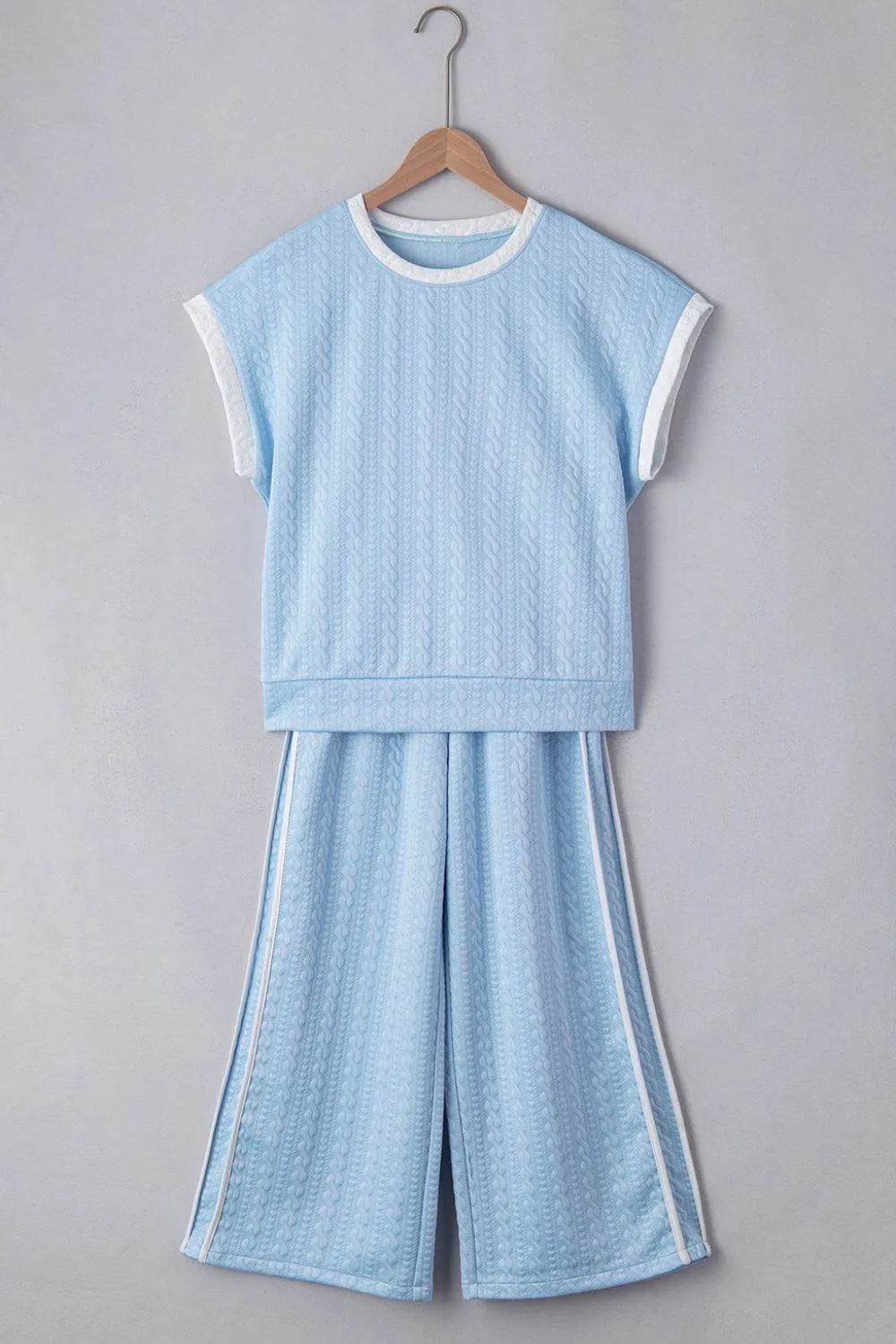 Textured Contrast Edge Top and High Waist Pants Set – Chic 2-Piece Outfit for Women - Bona Fide Fashion