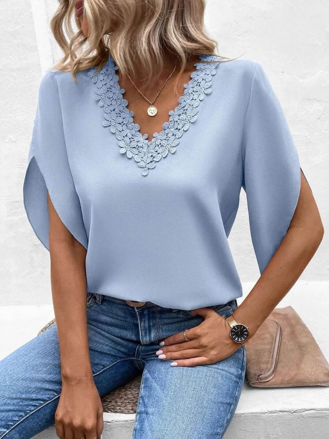 Lace Detail V-Neck Half Sleeve Blouse - Bona Fide Fashion