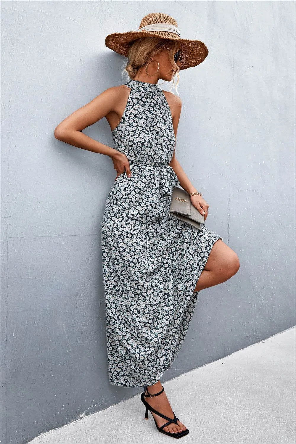 Printed Sleeveless Tie Waist Maxi Dress - Bona Fide Fashion