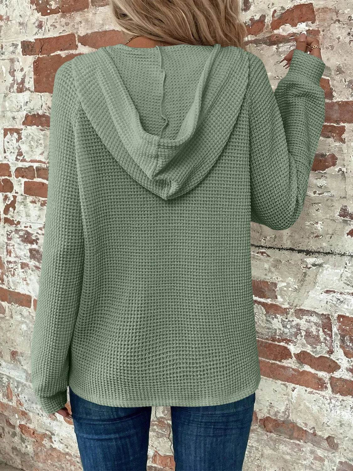 Waffle Knit Long Sleeve Drawstring Hooded Top - Bona Fide Fashion