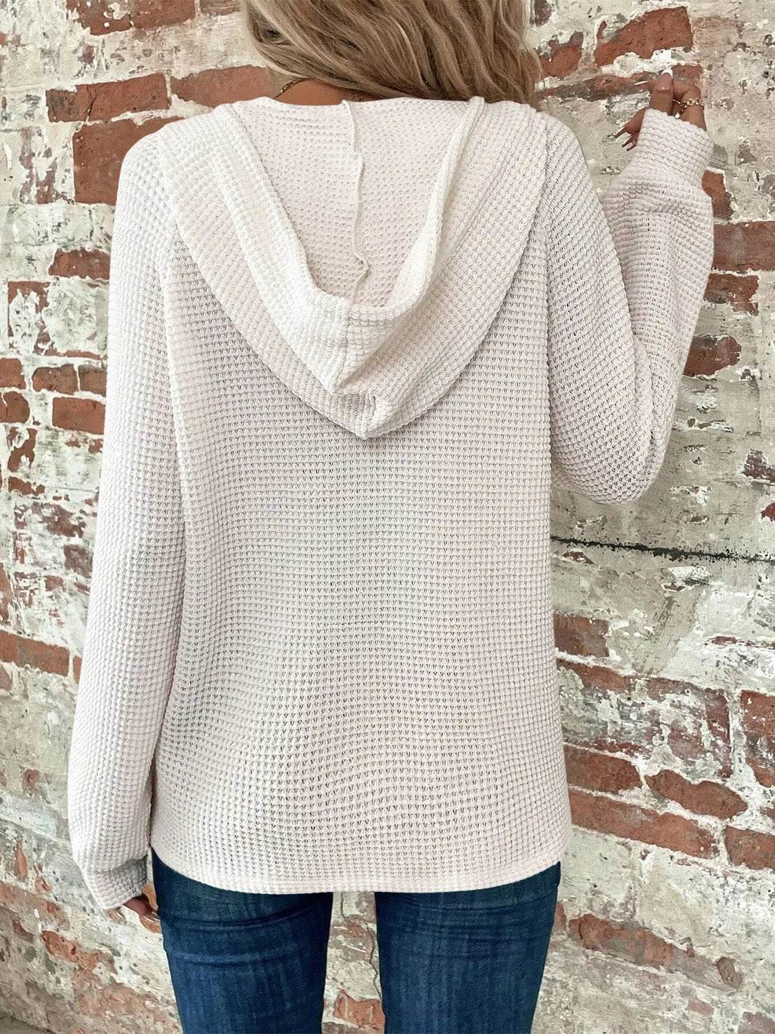 Waffle Knit Long Sleeve Drawstring Hooded Top - Bona Fide Fashion