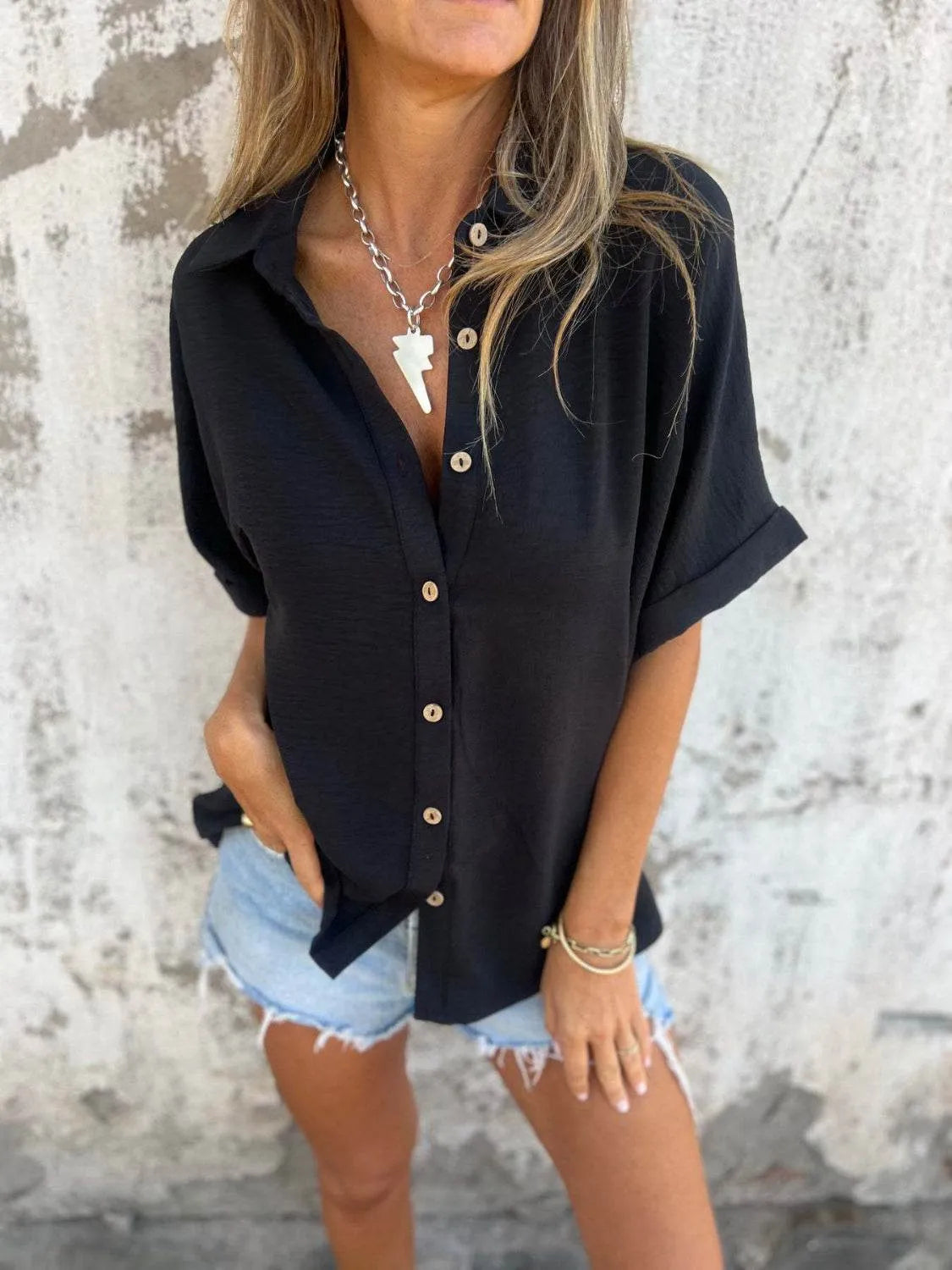 Full Size Button Down Short Sleeve Shirt Plus Size - Bona Fide Fashion