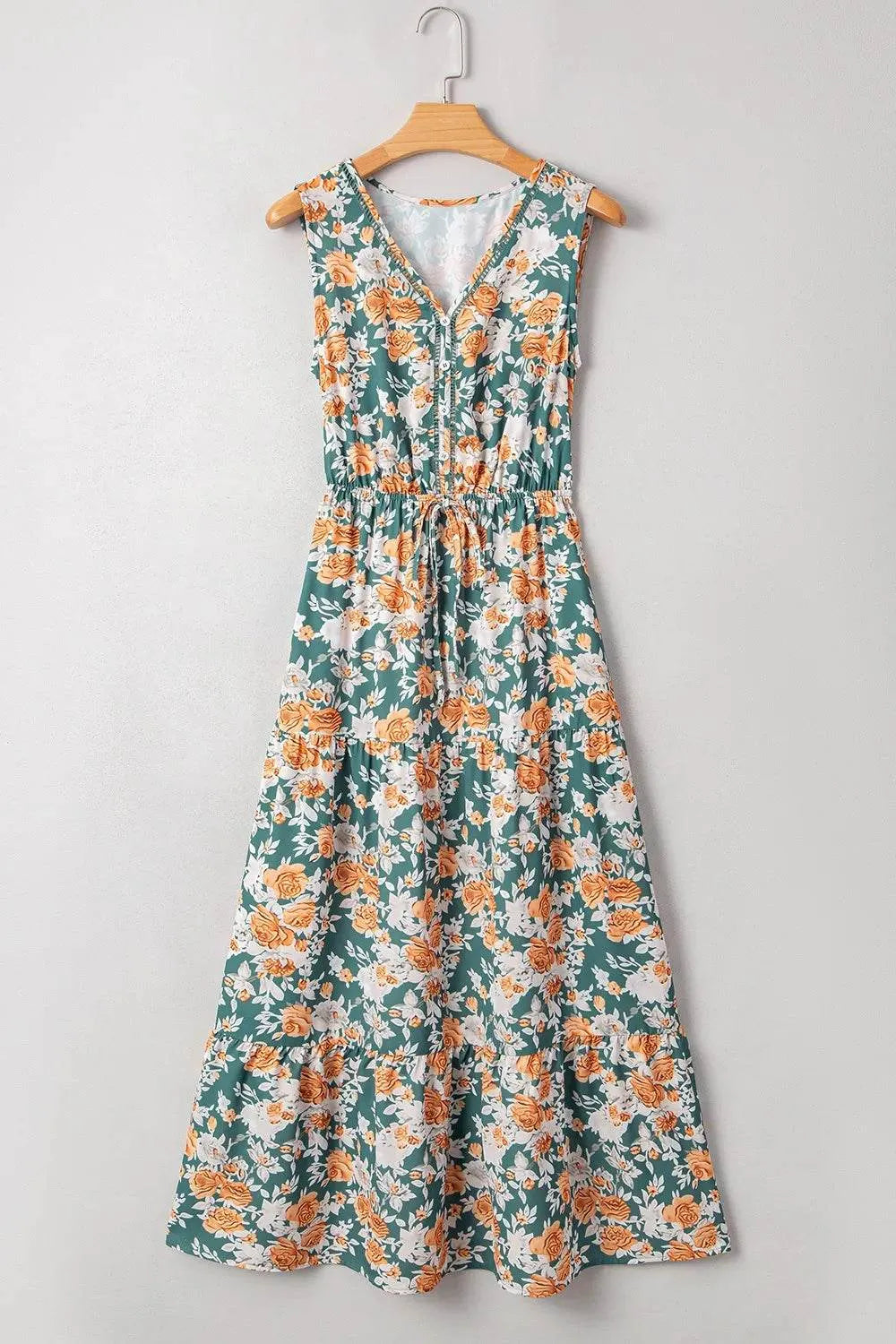 Floral Print Trimmed V Neck Tie Waist Sleeveless Dress - Bona Fide Fashion