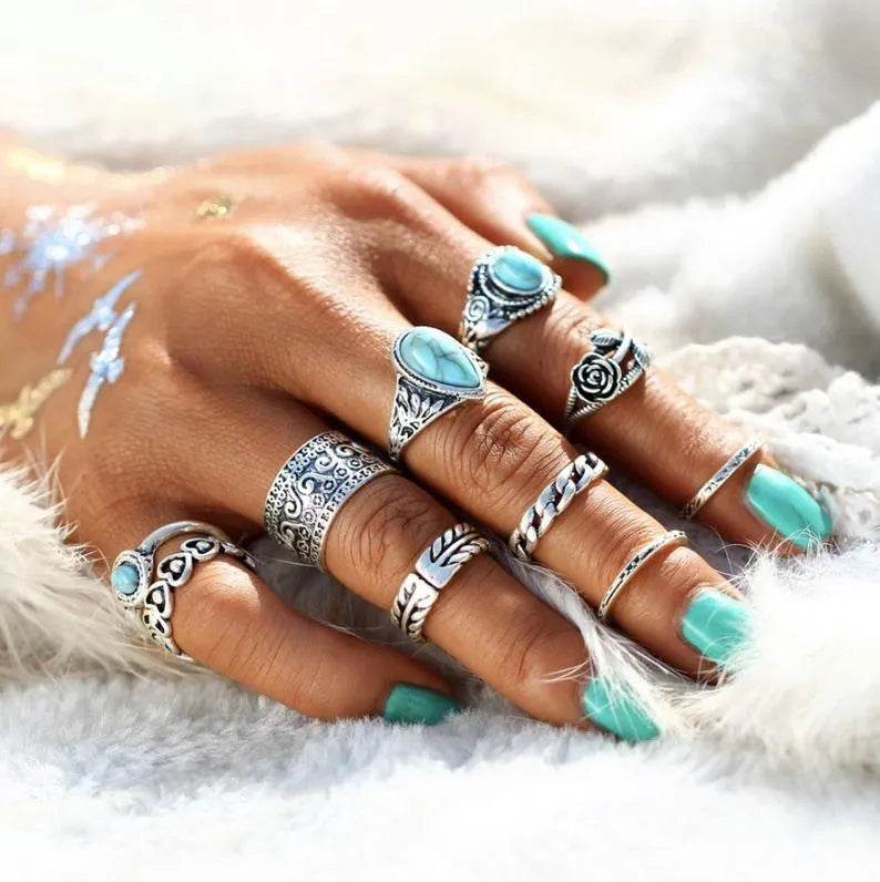 Artificial Turquoise Alloy Ring 10-Piece Set - Bona Fide Fashion