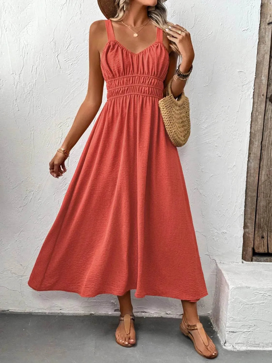 V-Neck Wide Strap Midi Cami Dress - Bona Fide Fashion