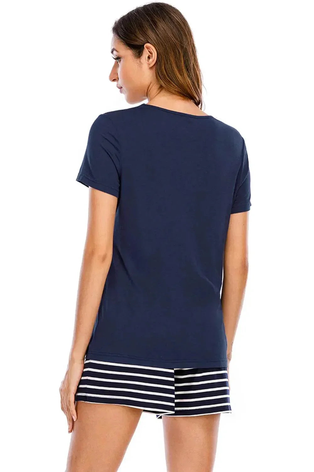 Graphic Round Neck and Striped Shorts Lounge Set - Bona Fide Fashion