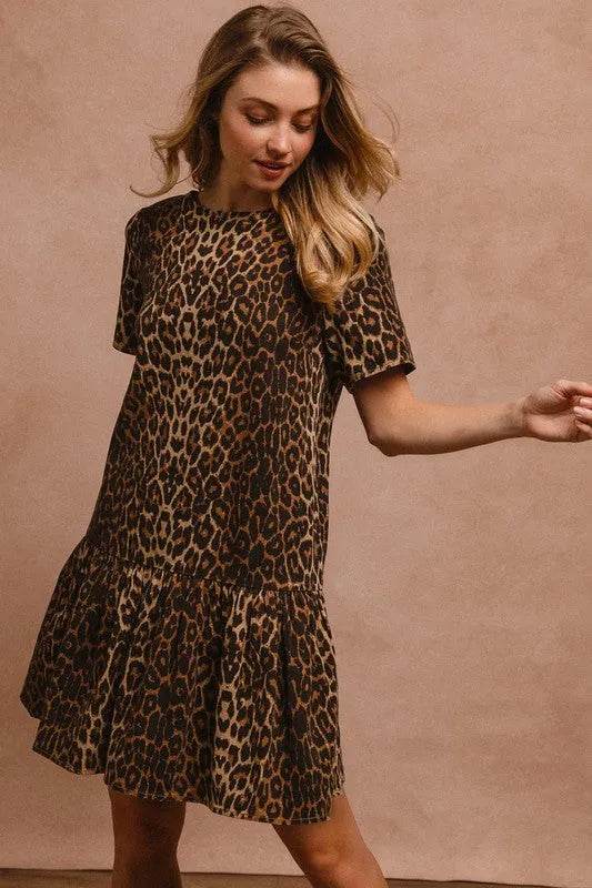 BiBi Tie Back Leopard Round Neck Short Sleeve Dress - Bona Fide Fashion