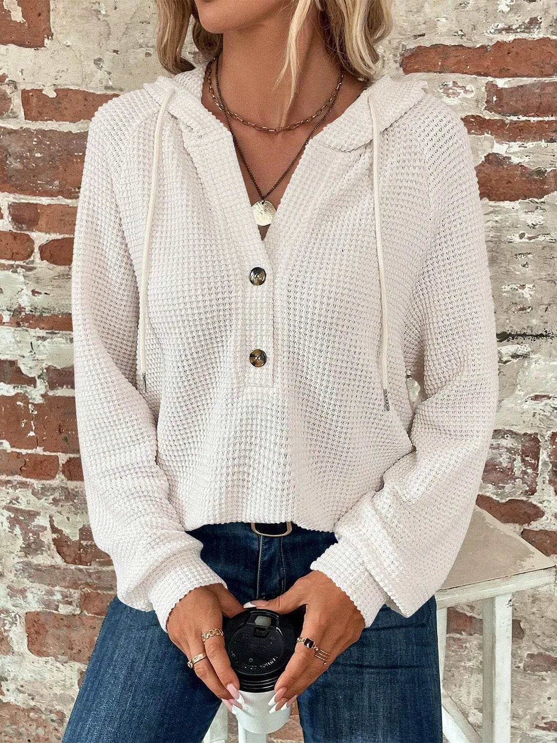Waffle Knit Long Sleeve Drawstring Hooded Top - Bona Fide Fashion