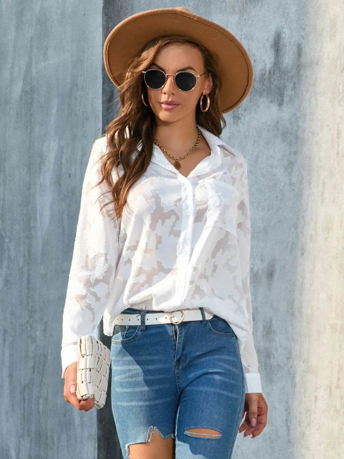 Full Size Collared Neck Long Sleeve Shirt Plus Size - Bona Fide Fashion