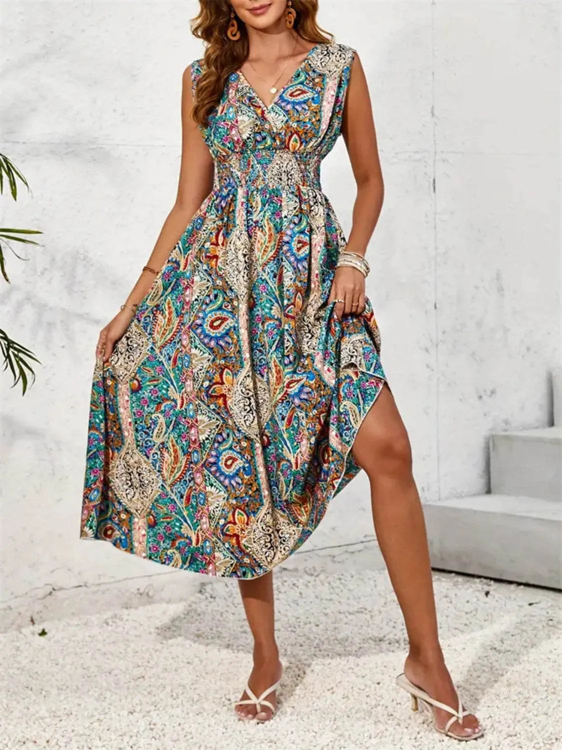 Smocked Printed Surplice Sleeveless Midi Dress - Bona Fide Fashion