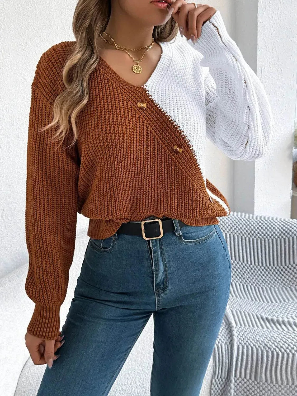 Two-Tone V-Neck Long Sleeve Sweater - Bona Fide Fashion