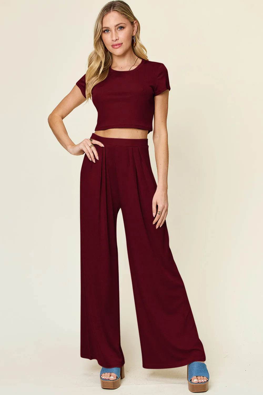 Double Take Full Size Round Neck Top and Pants Set - Bona Fide Fashion