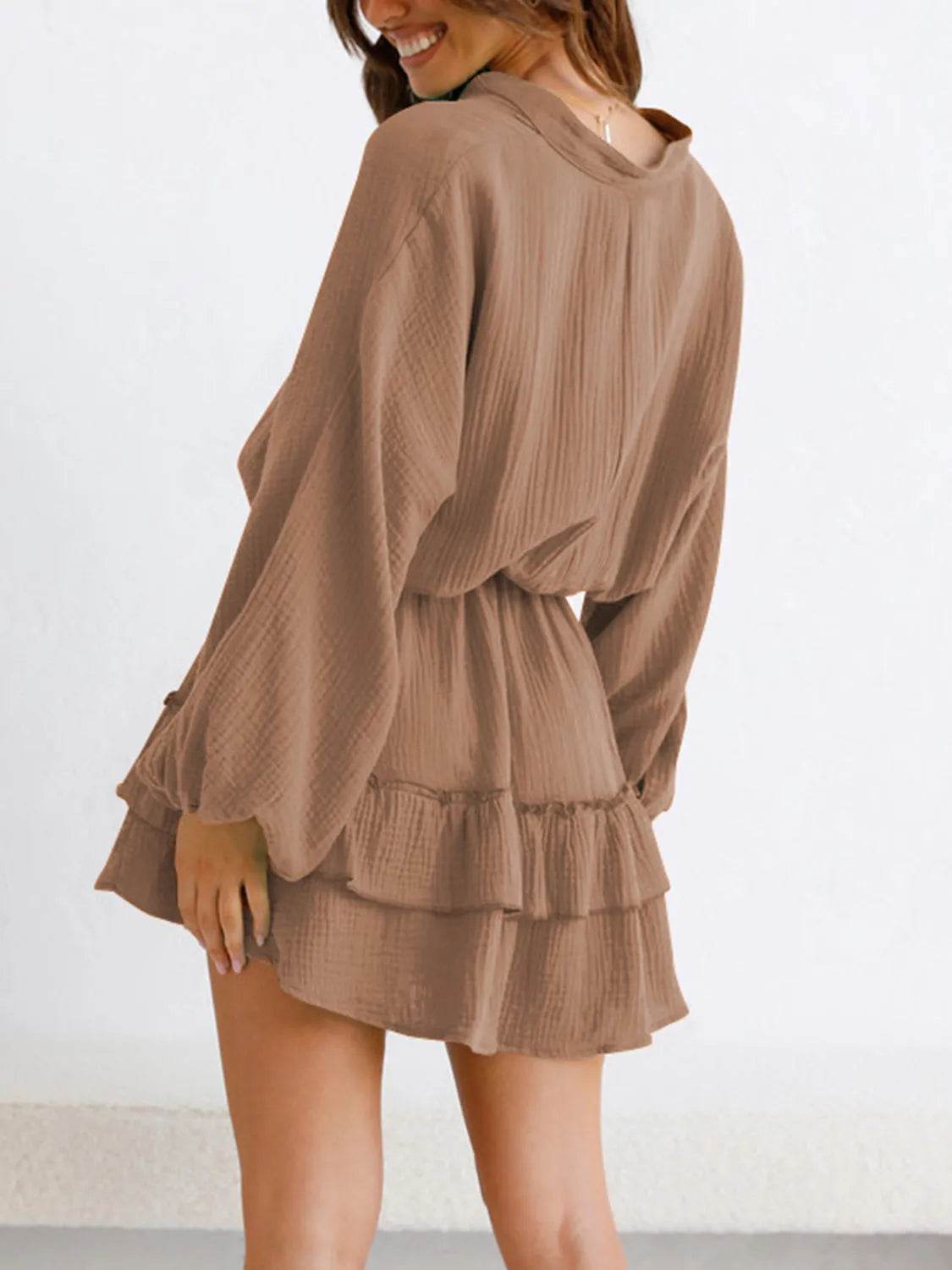 Ruffled Notched Balloon Sleeve Mini Dress - Bona Fide Fashion