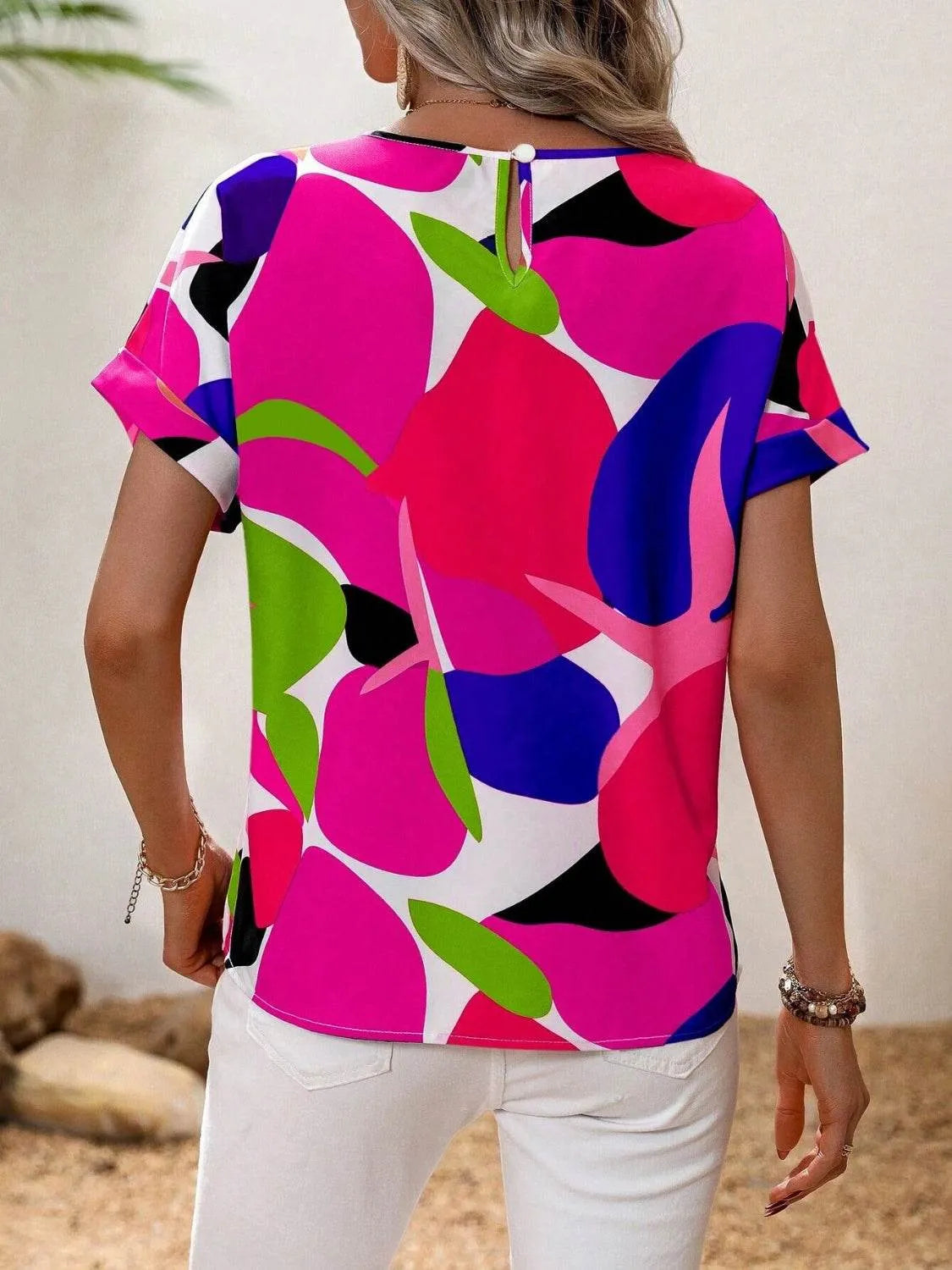 Contrast Round Neck Short Sleeve Blouse - Bona Fide Fashion