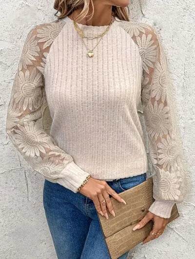 Round Neck Lace Patchwork Long Sleeve Top - Bona Fide Fashion