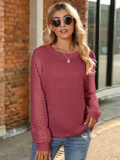 Full Size Round Neck Lace Long Sleeve T-Shirt Plus Size - Bona Fide Fashion
