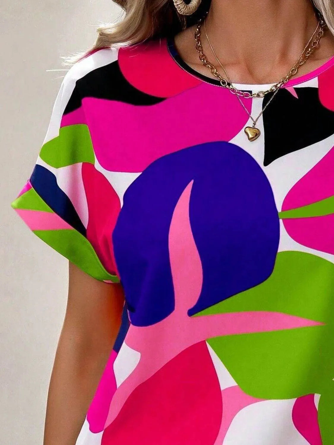 Contrast Round Neck Short Sleeve Blouse - Bona Fide Fashion