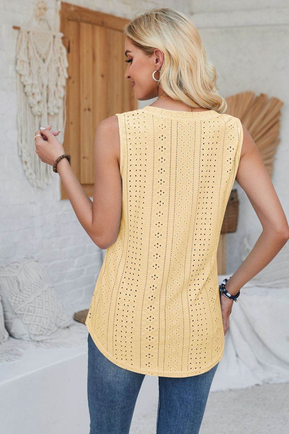 Eyelet Decorative Button V-Neck Tank - Bona Fide Fashion
