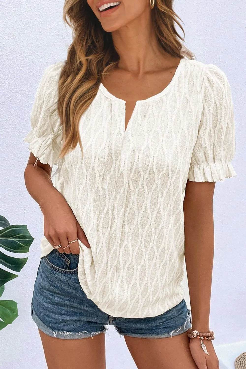 Texture Notched Short Sleeve Blouse - Bona Fide Fashion