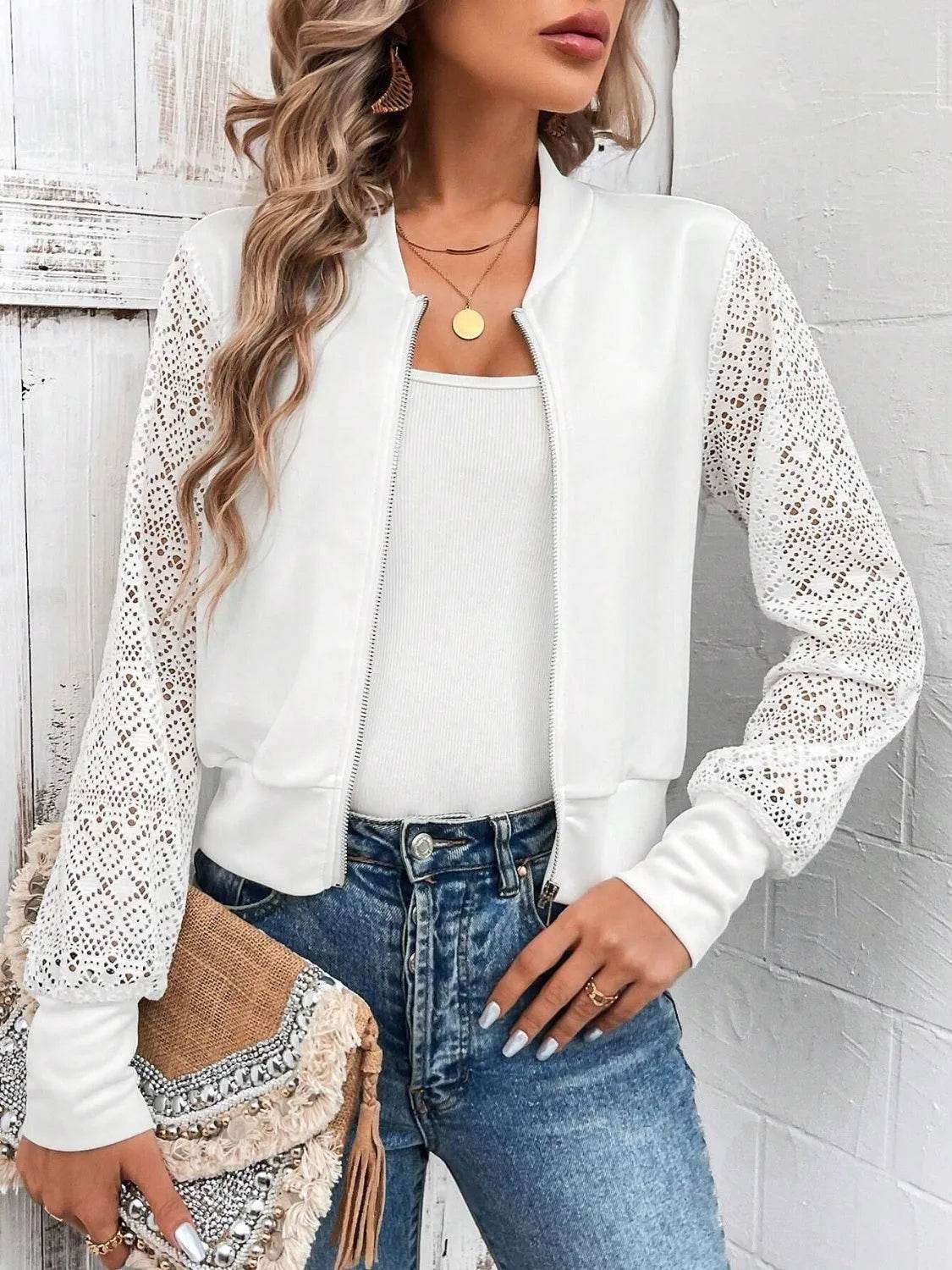 Baseball Collar Lace Patchwork Long Sleeve Jacket - Bona Fide Fashion