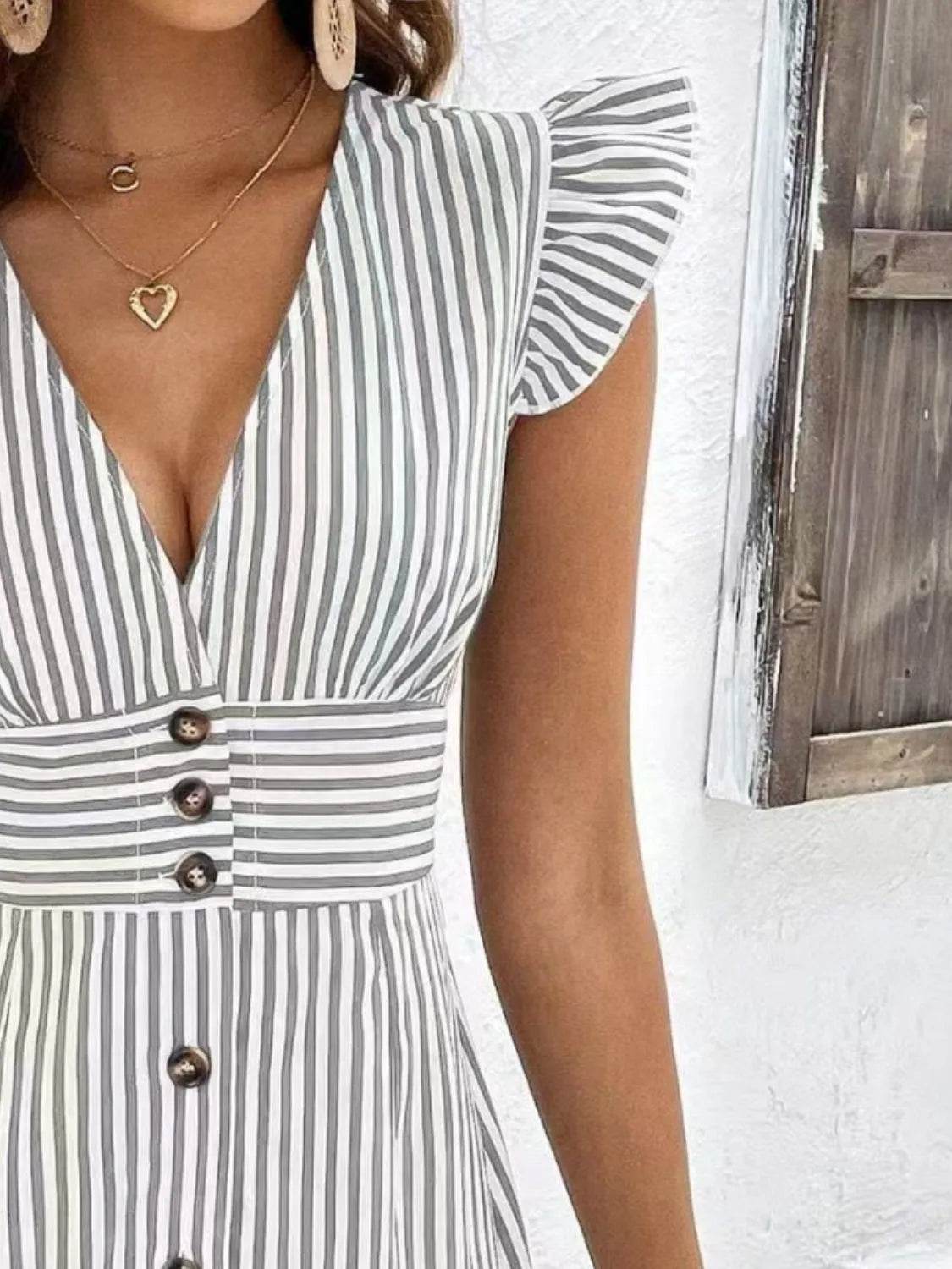Striped Button Front Cap Sleeve Dress - Bona Fide Fashion
