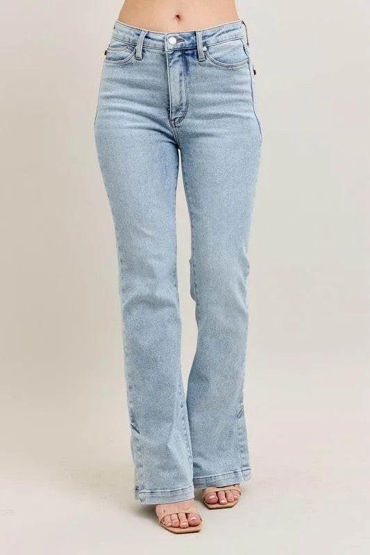 Judy Blue Full Size Tummy Control Vintage Wash Side Slit Slim Boot Jeans Plus Size - Bona Fide Fashion
