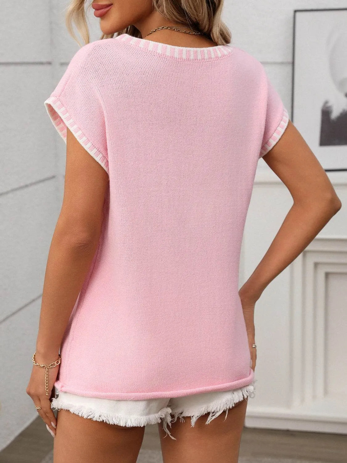 Contrast Trim V-Neck Short Sleeve Knit Top - Bona Fide Fashion