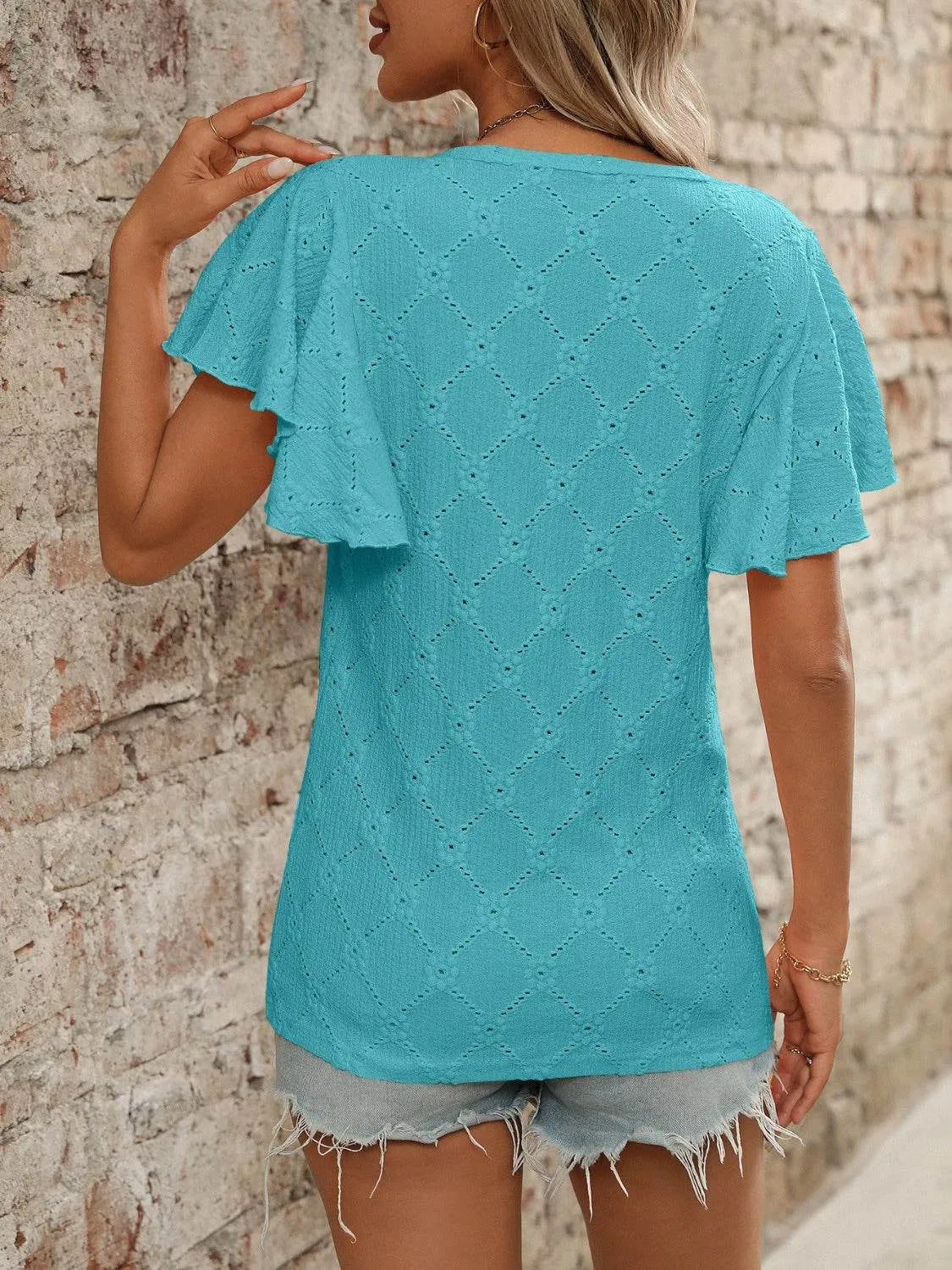 Eyelet Round Neck Flutter Sleeve Top - Bona Fide Fashion