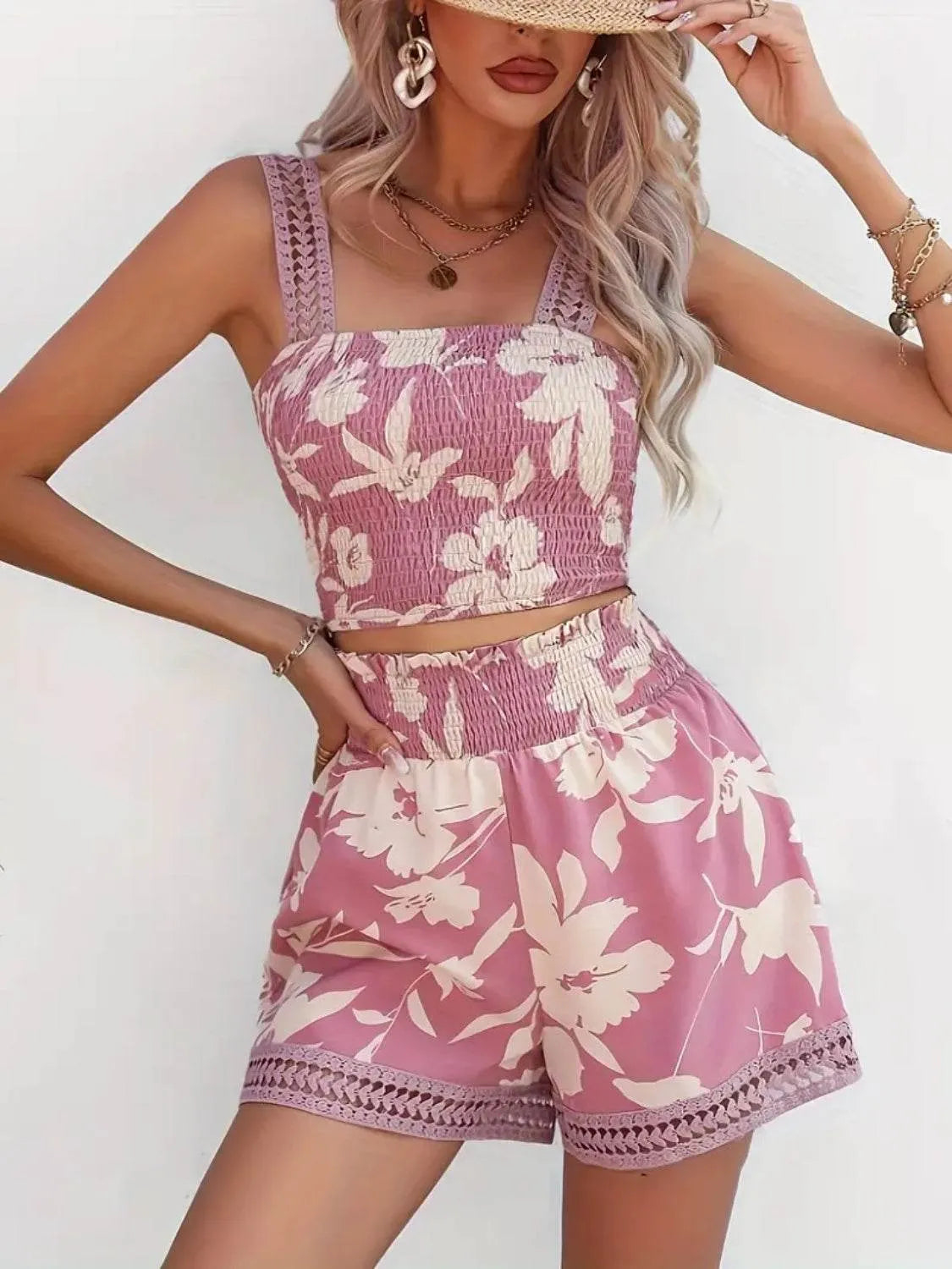 Smocked Printed Square Neck Top and Shorts Set - Bona Fide Fashion