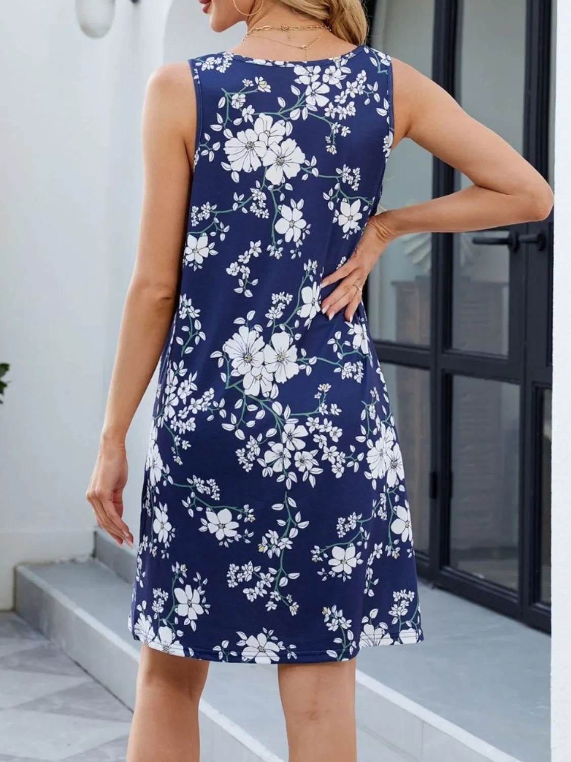 Printed V-Neck Sleeveless Mini Dress with Pockets - Bona Fide Fashion