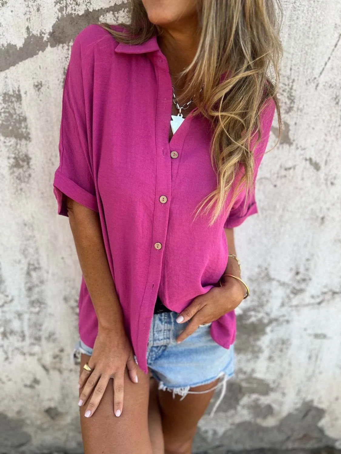 Full Size Collared Neck Half Sleeve Shirt Plus Size - Bona Fide Fashion