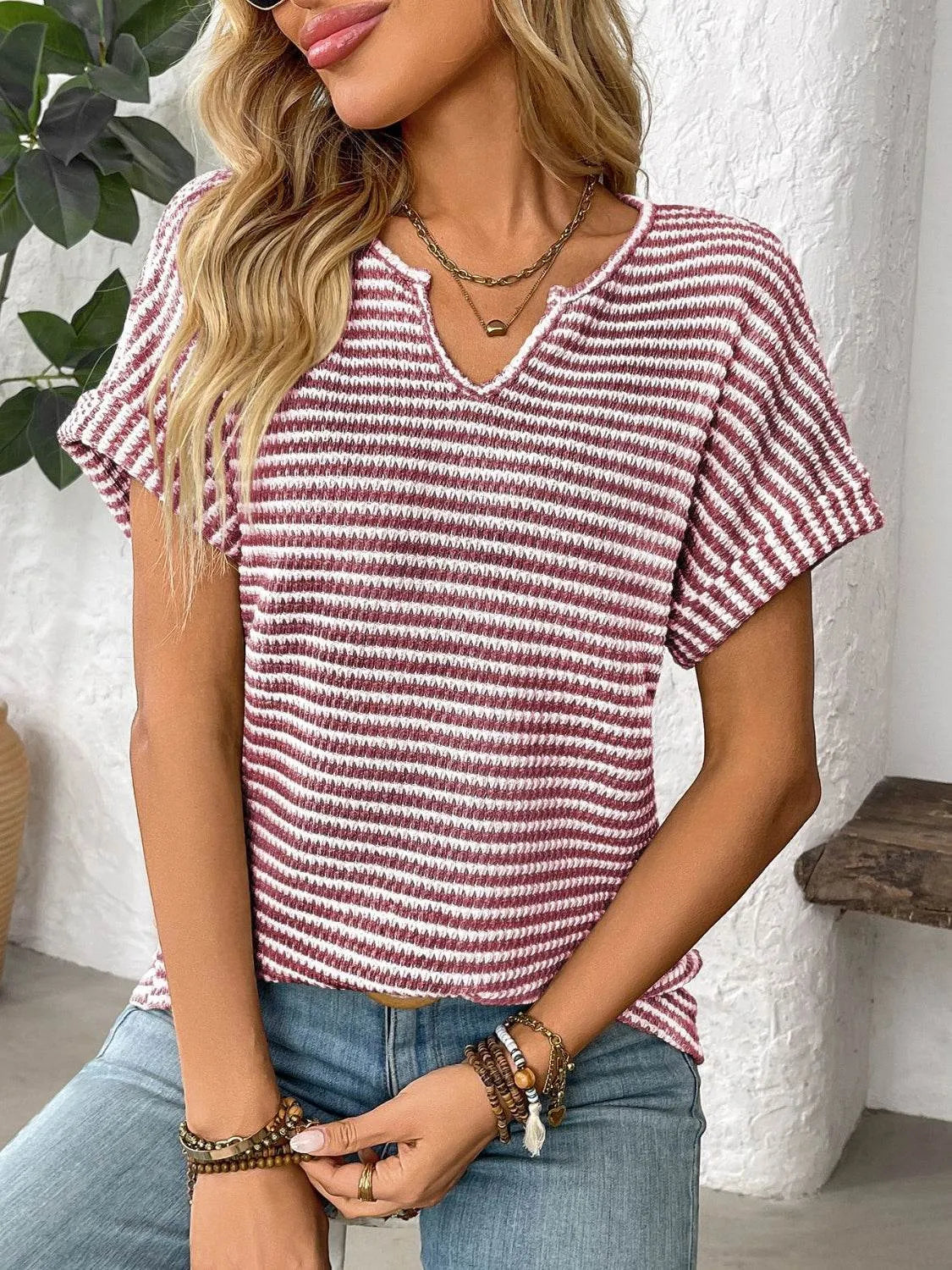 Striped Notched Short Sleeve T-Shirt - Bona Fide Fashion