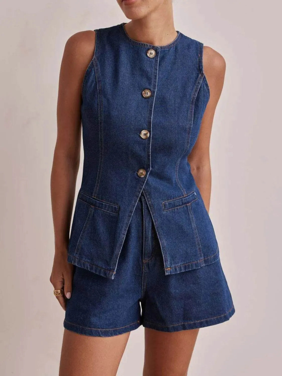 Button Down Vest and Shorts Denim Set - Bona Fide Fashion