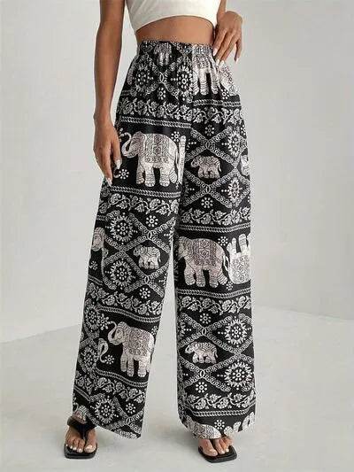 Printed Wide Leg Elastic Waist Pants - Bona Fide Fashion