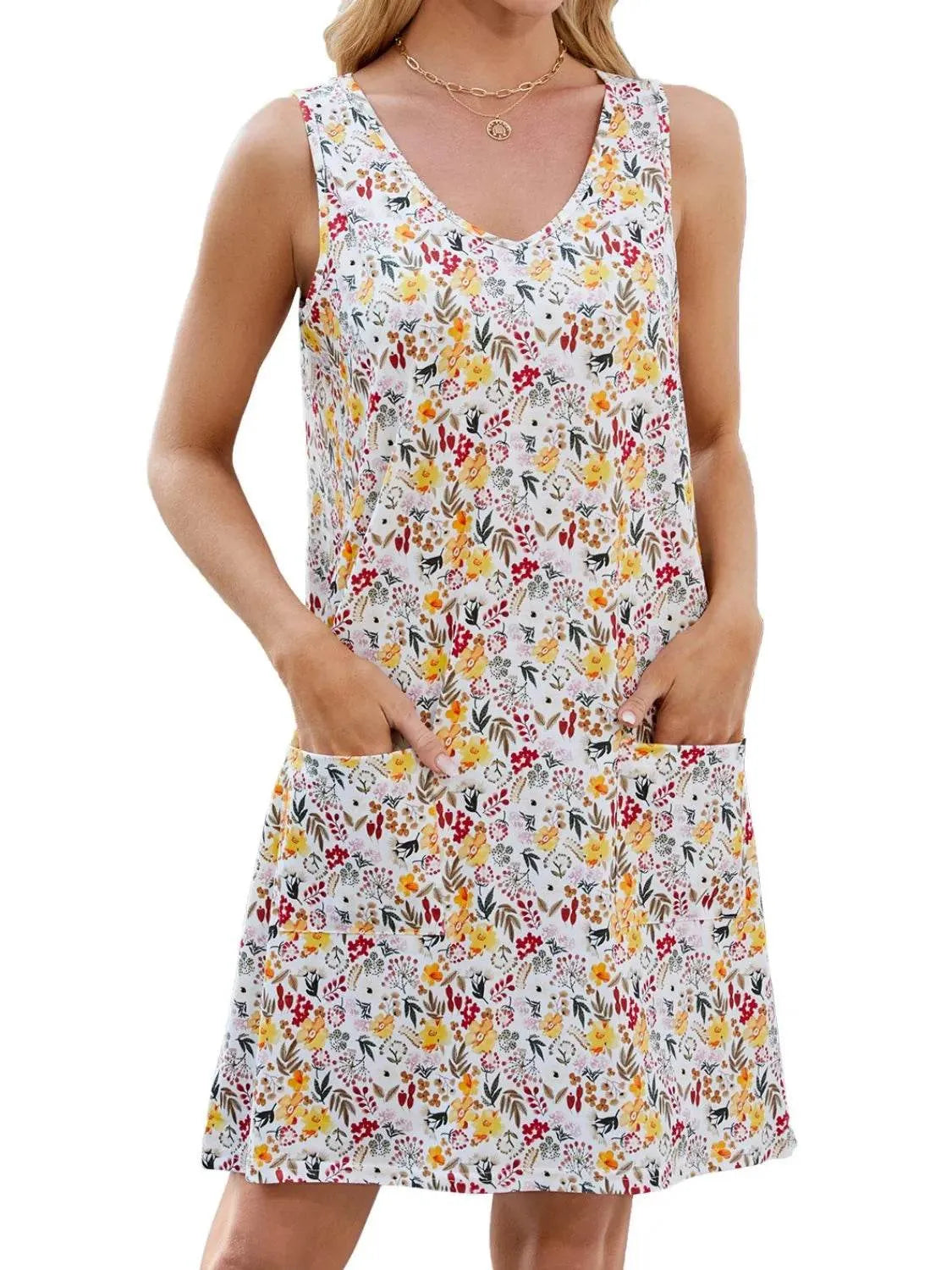 Printed V-Neck Sleeveless Mini Dress with Pockets - Bona Fide Fashion