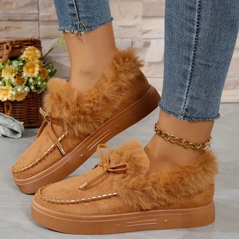 Bow Furry Round Toe Flat Slip-Ons - Bona Fide Fashion